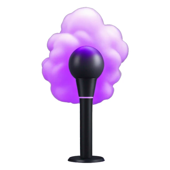 Bts lightstick gray bomb atop a simple black stand with purple light sticker