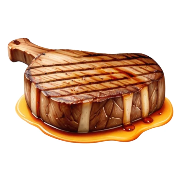 Cinematic thick-cut scotch t-bone steak, perfectly seared with grill marks, a grilled center, rich and savory, warm glow, sizzling and mouthwatering, highly detailed and appetizing. sticker