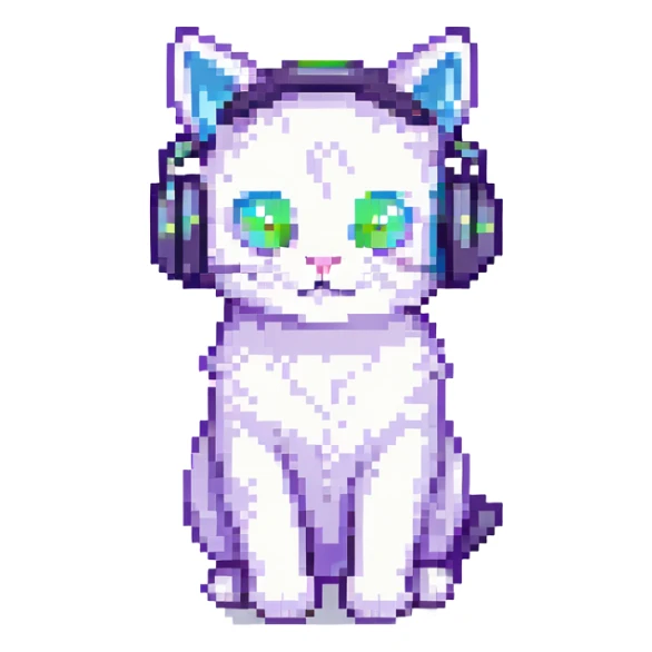 a cat wearing headphones, pixel art style sticker