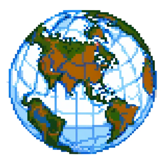 pixel art style globe icon, 3D look, subtle highlights and shadows sticker