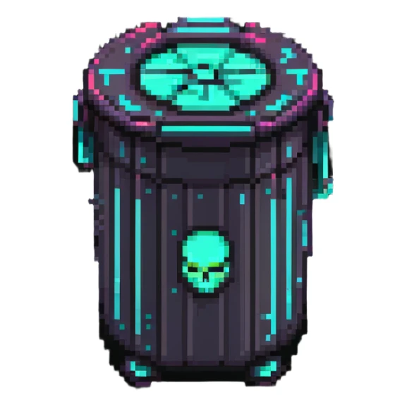 32x32 cyberpunk trash bin icon with futuristic neon elements, retro computer style sticker