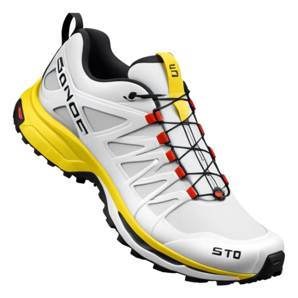 White Salomon XT-6 Gore-Tex trail running shoes, one positioned behind the other, simplified iOS emoji style, technical outdoor sneakers with trail sole, clean white colorway, minimalist design sticker