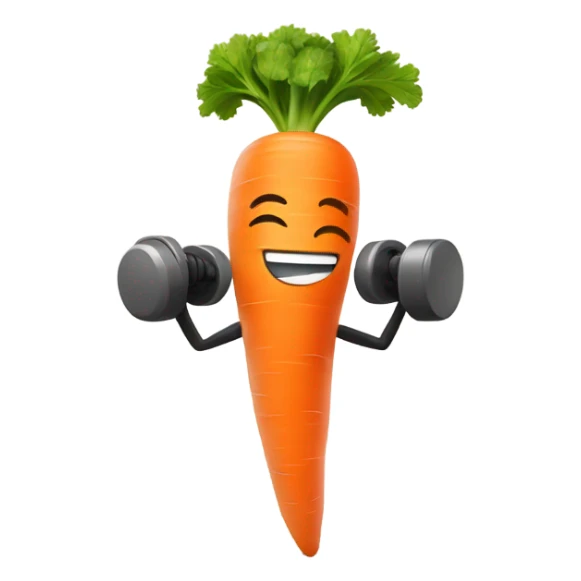 Generate an energetic carrot emoji wearing a sweatband, lifting tiny dumbbells, and looking motivated. sticker