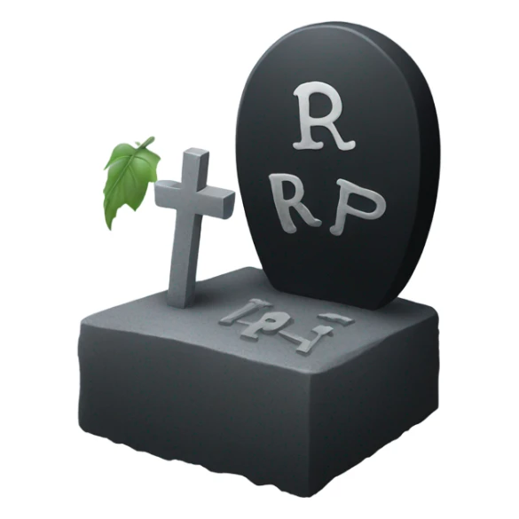 a black grave with the letters RIP on a silver heart sticker