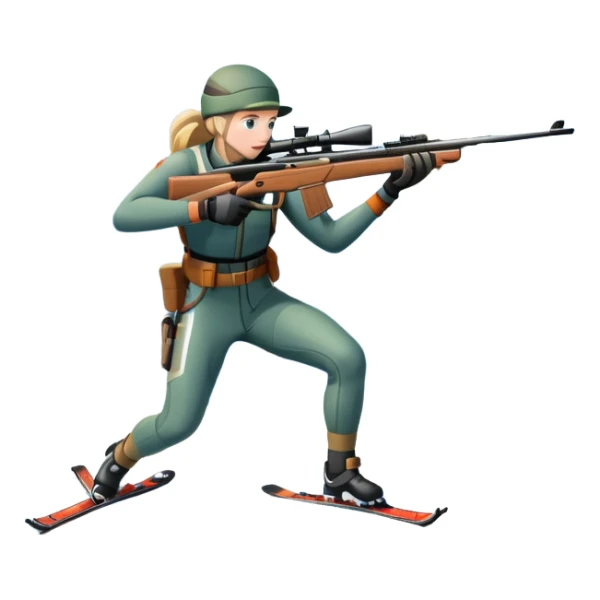 An icon showing a snowy landscape with pine trees, mountains, and a clear sky with a biathlete aiming a rifle in the foreground, wearing winter gear and skis. Transparent background emphasizes the precision, endurance, and beauty of this winter sport. sticker