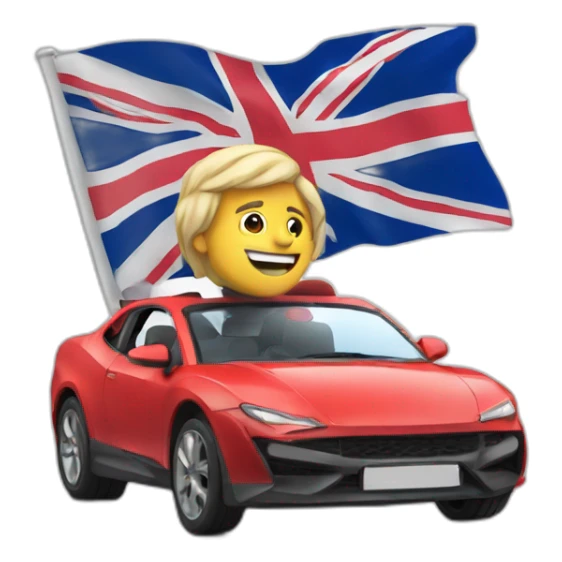 a muscular man driving a car with the uk flag on it* sticker