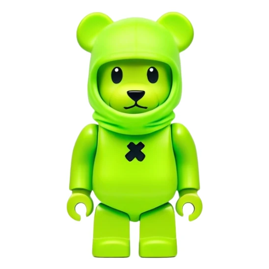 bearbrick toy wearing a neon lime green balaclava with a small black logo sticker