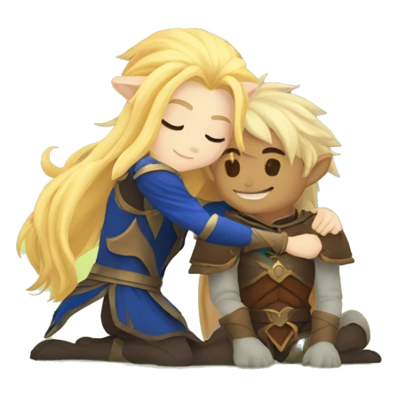 A lion paladin and a blonde elf mage hugging sticker