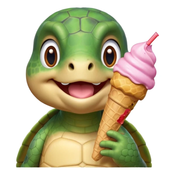 cute turtle portrait, head and shoulders only, licking an ice cream cone, funny happy expression, 3D cartoon, mobile game icon style, clean background, no text, no watermark
 sticker