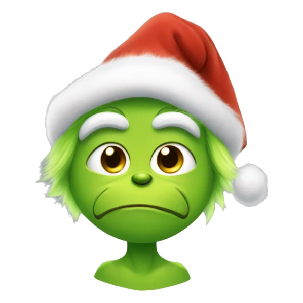 Soft cuddly grinch like character with fuzzy costume and Santa hat sticker
