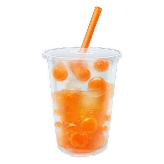 Realistic clear plastic cup half full of Transluscent soda with carbonation bubbles, carrot shaped ice cubes inside the cup and orange curly straw through the top  sticker