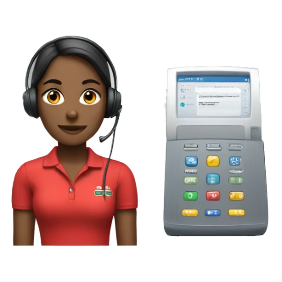 Female customer service agent with headset wearing a red polo shirt sticker