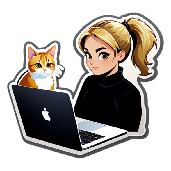 Blonde girl ponytail macBook and a cat sticker