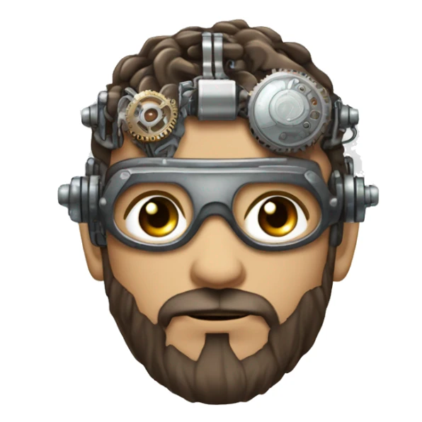 male cyborg head with brown short hair, brown beard, silver steampunk goggles and circuitry sticker