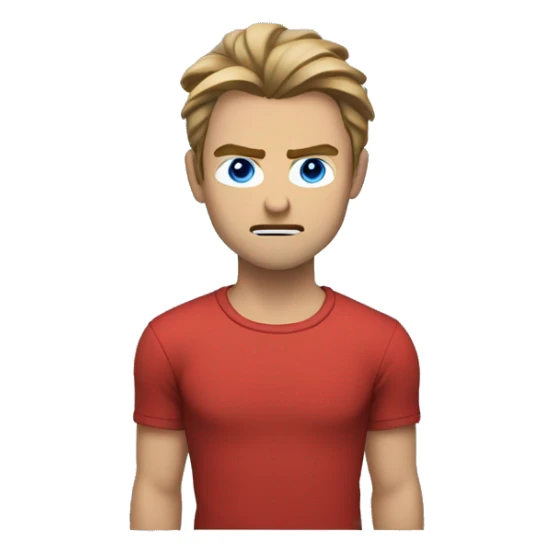 Medium length hair with a middle split that falls onto his face, male, wearing a red shirt, light brown hair, blue eyes, he’s angry  sticker