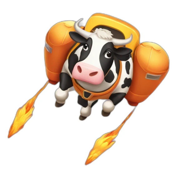 side-on view of cow flying to space while wearing a jetpack that is emitting flames, legs being pushed back by the wind sticker