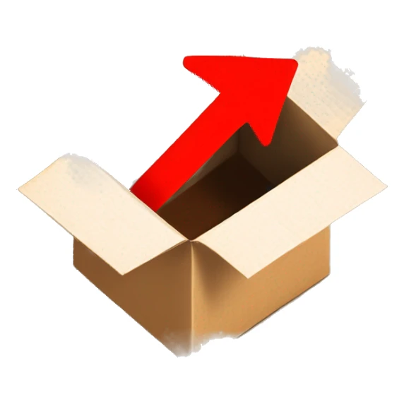 open cardboard box with a red arrow pointing inside from the air above sticker
