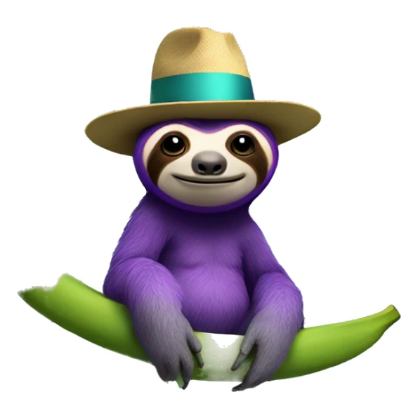 Purple sloth sitting on a banana tree wearing a bowler hat that is turquoise with an evil face  sticker