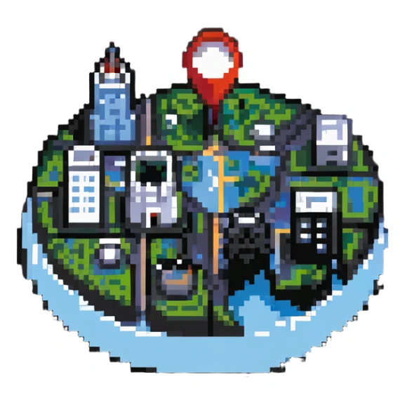 icon for municipality with a map pin and buildings sticker