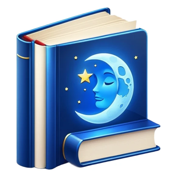 dark neon blue glass book, moon on the cover sticker