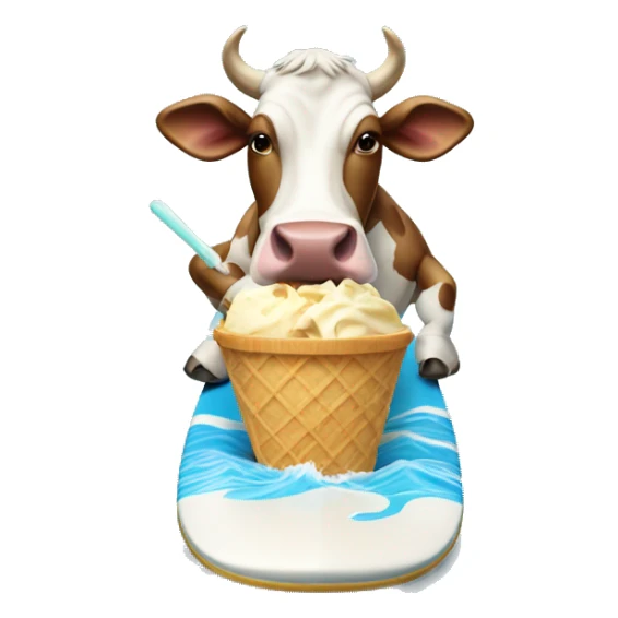 Cow on a surfboard eating an icecream sticker