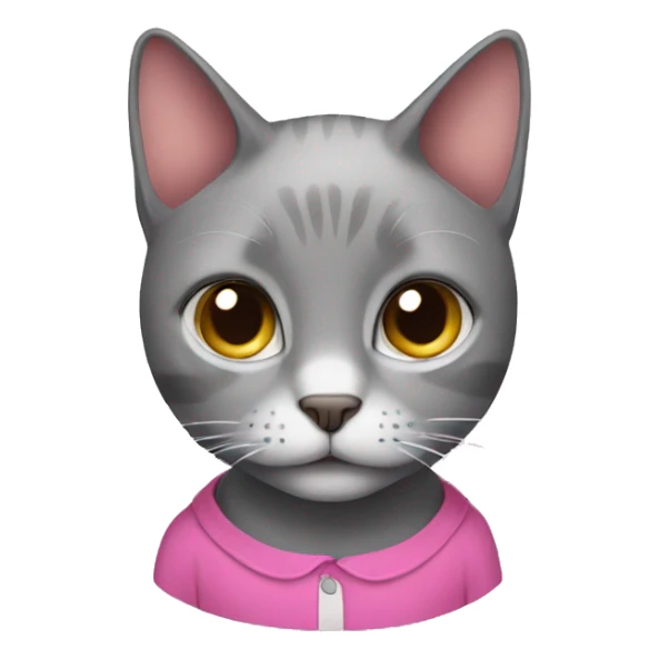 A gray cat with a pink shirt sticker
