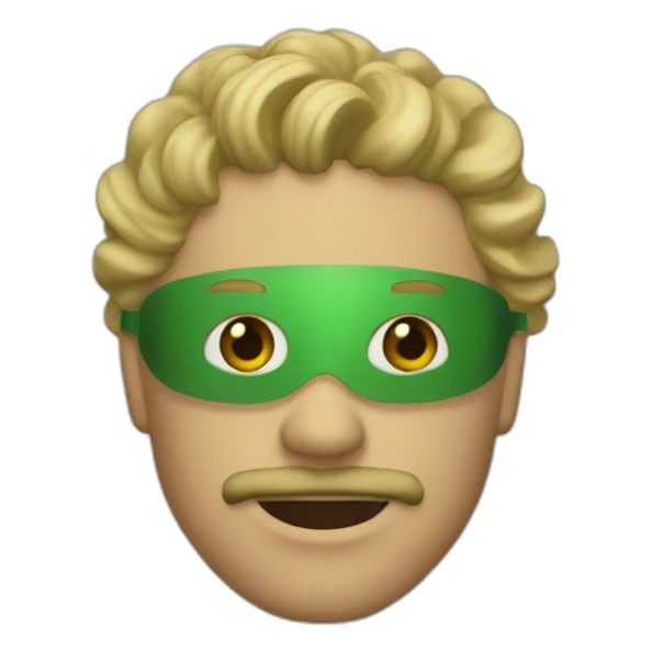 A man with a goatee wearing a green wooden mask with medium length blonde curly hair sticker