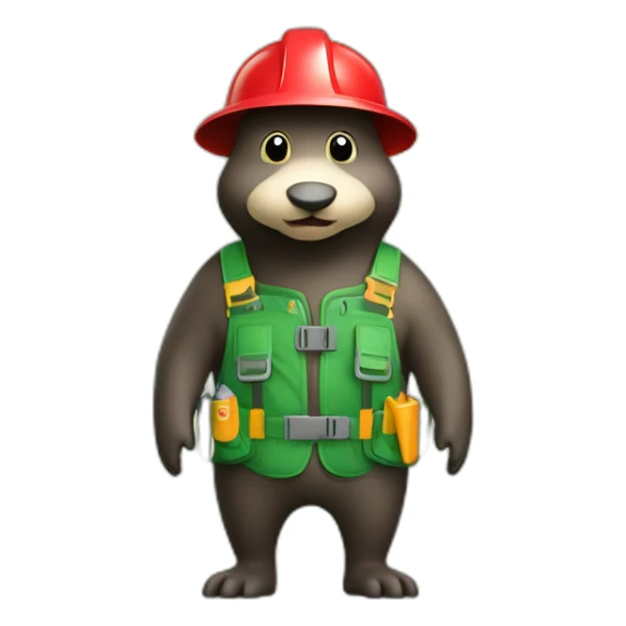 mole with red nose, green gardening harnesses, green helmet with a light sticker