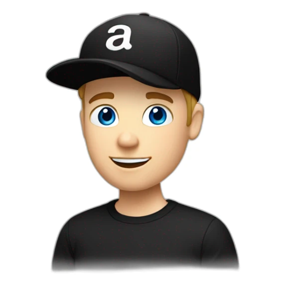 a blue-eyed white guy in a black cap backwards and in black t-shirt, vlogger sticker