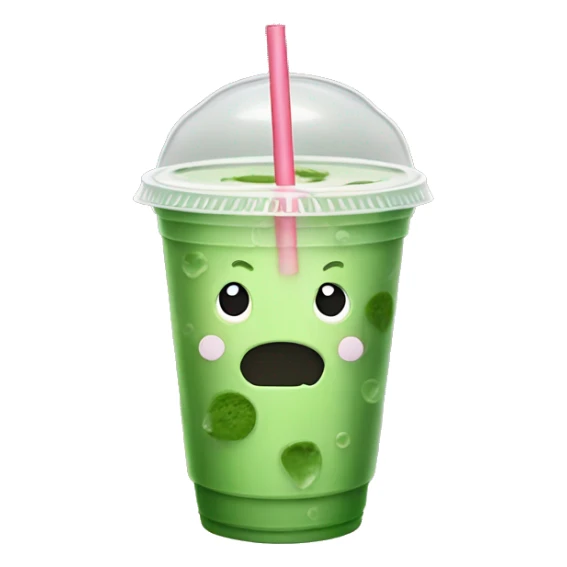 iced matcha in takeaway plastic cup with flat lid and straw no NO FACE sticker