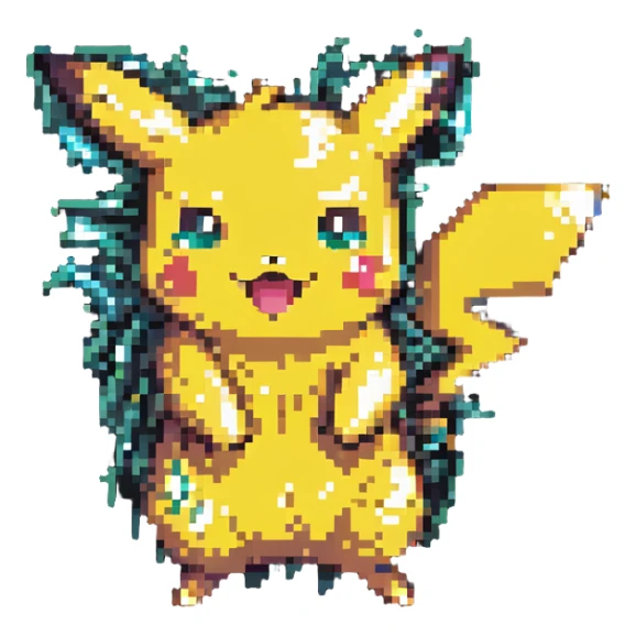 cute Pikachu Pokémon jumping with excitement and sparkling cheeks in pixel art style sticker