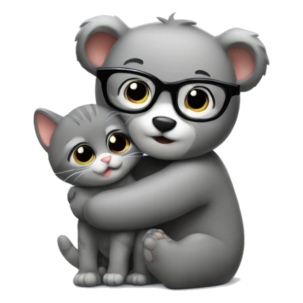 a bear cub in glasses hugs a gray cat sticker