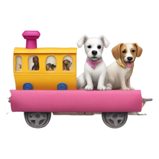 A dog riding a fabric train with yellow cabins and a pink headDog riding a train made of fabric sticker