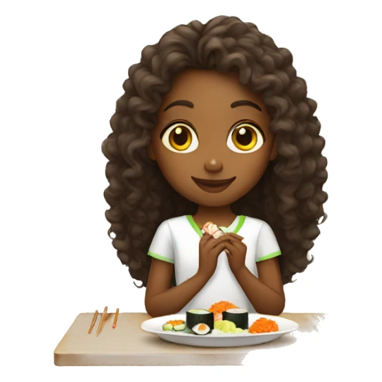 An ethiopian girl with long curly hair eating sushi sticker