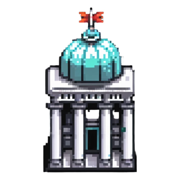 tiny simple city hall building icon with columns, modern colors, minimal details, small size sticker