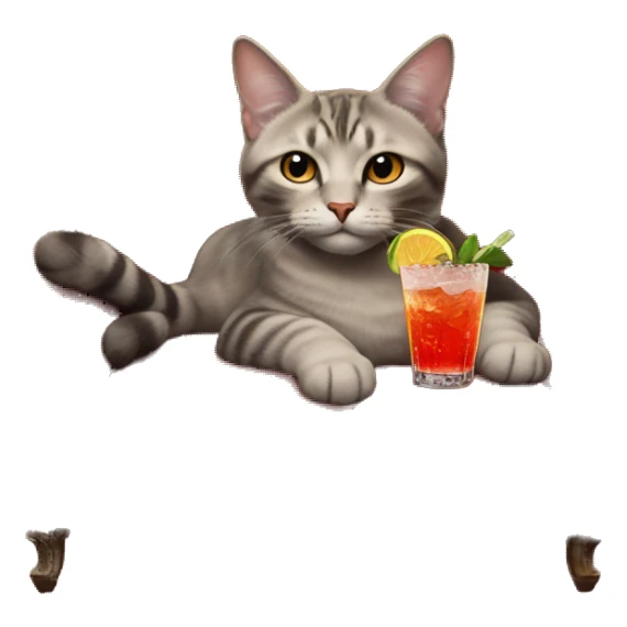 cat laying on vintage red sofa holding a fancy cocktail in its paw sticker