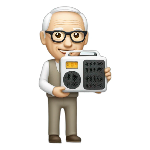 Dieter Rams holding a white radio sticker