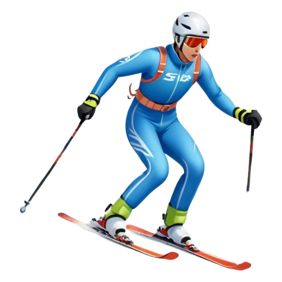 An icon featuring snowy peaks, pine trees, and a picturesque mountain landscape with a skier racing down a snow-covered slope. The sky is blue with soft clouds, capturing the thrill and beauty of alpine skiing. Transparent background highlights the excitement and serenity of winter sports. sticker