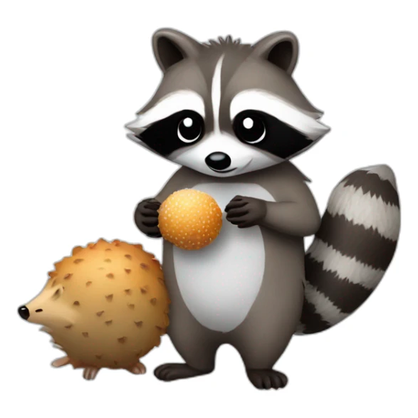 raccoon making snowballs with hedgehog eating meat on it  sticker