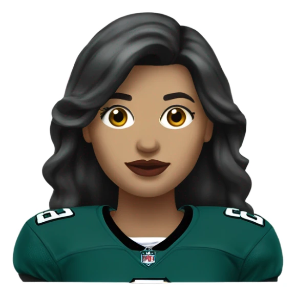 White female long dark hair red lips wearing Philadelphia Eagles jersey sticker