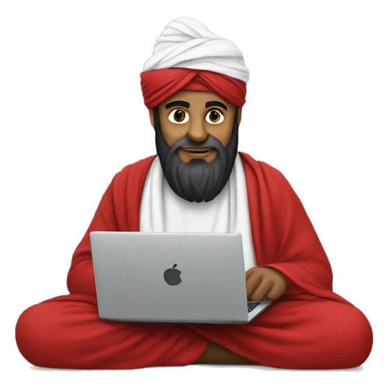 A caliph with turban and red clothes writing in a laptop sticker