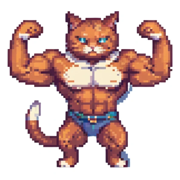 muscle cat, pixel art style, flexing muscles, retro game vibe sticker