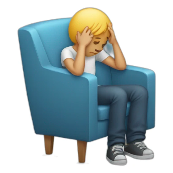 sad boy sitting in fold-out chair with his head in his hands sticker