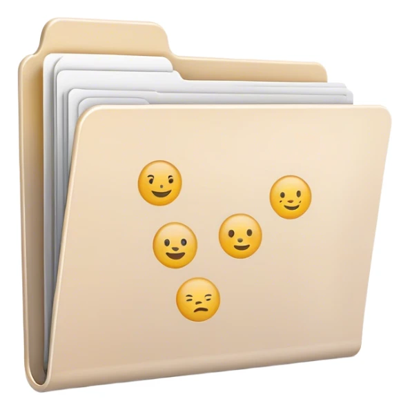 A minimalist open folder with tiny, faded emoji sketches peeking out, suggesting a space ready to be filled. The icons are light and subtle, maintaining a clean and modern look. Flat UI illustration, digital art, empty state design, neutral background. sticker