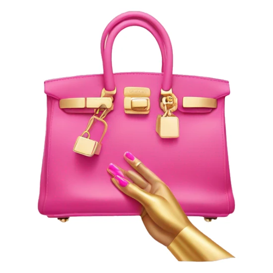 hand with gold nails holding pink birkin bag sticker