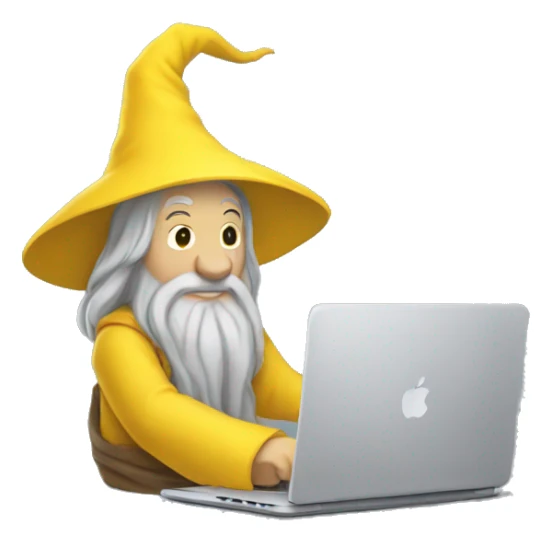gandalf with a macbook dressed in yellow clothing sticker