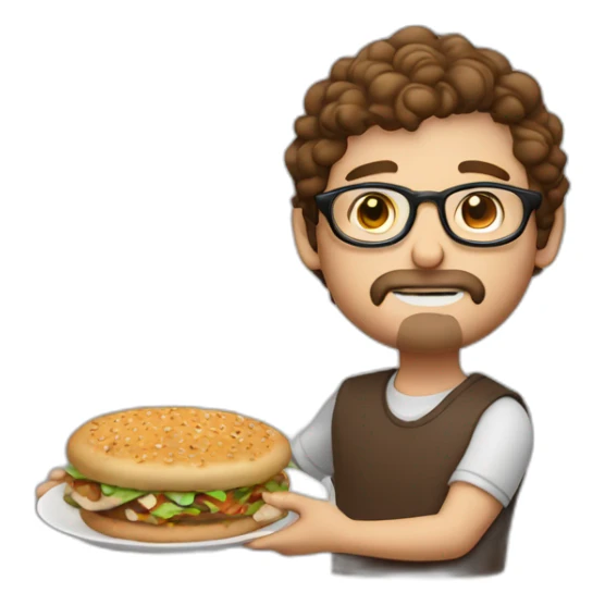 brown hair white guy with little mustache and goatee using round glasses with meal in hands sticker