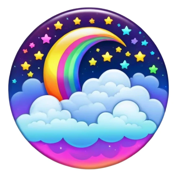 Beveled button with Neon rainbow colored damask style full moon with stars and clouds in the center sticker