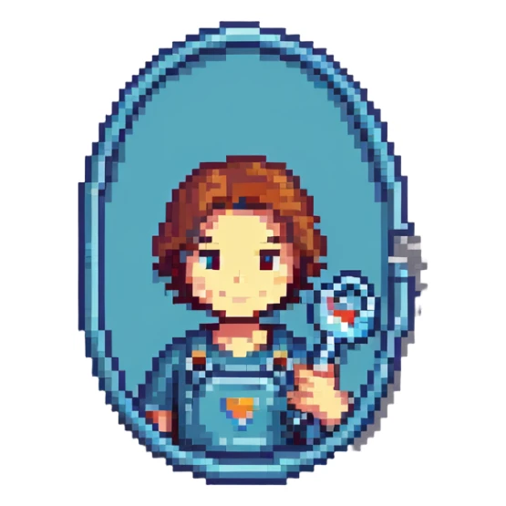 Oval badge shape with simple pixel art technician holding car tool key, bright colors sticker