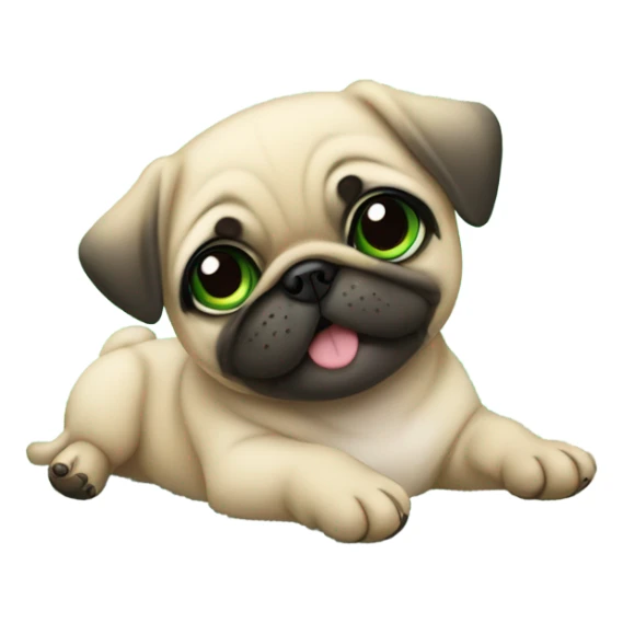 Cute Baby pug with big green eyes happy  lying down  sticker